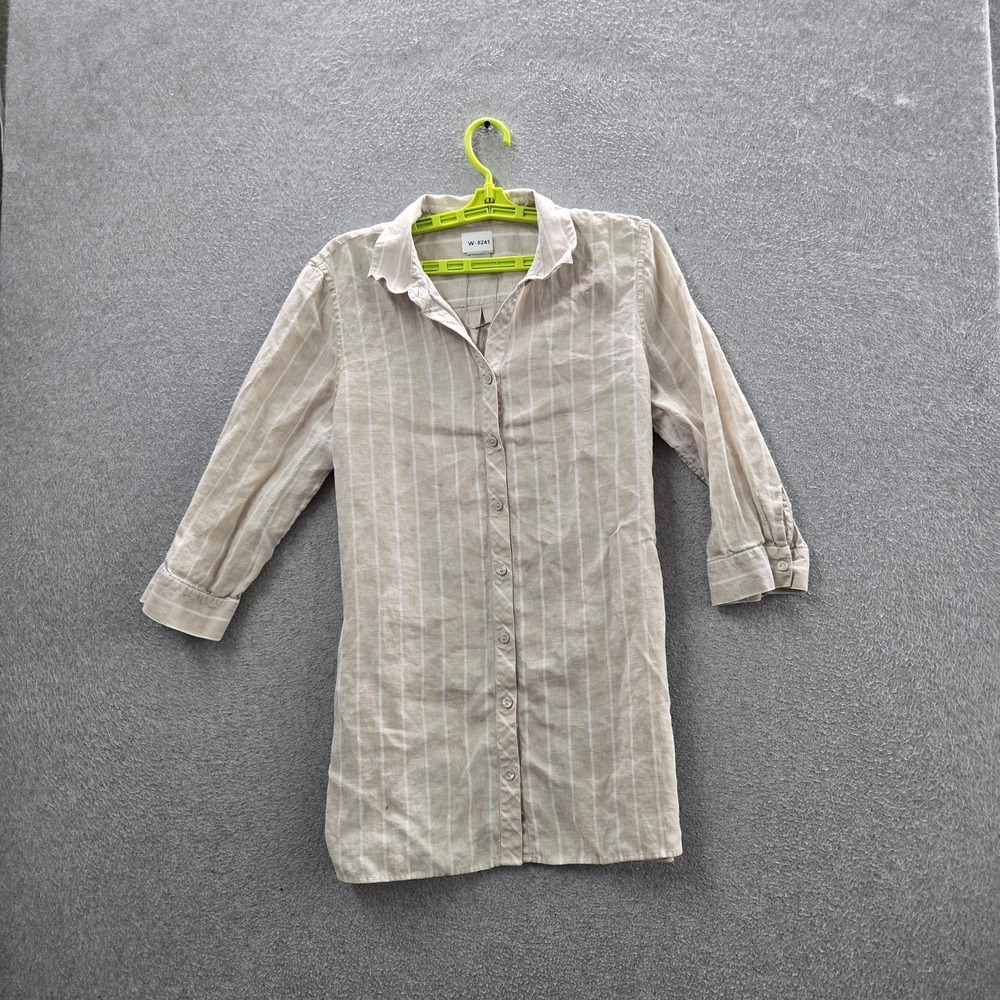 Chico's Women Button Up Shirt US 12 Beige Striped Tunic Lined Coastal